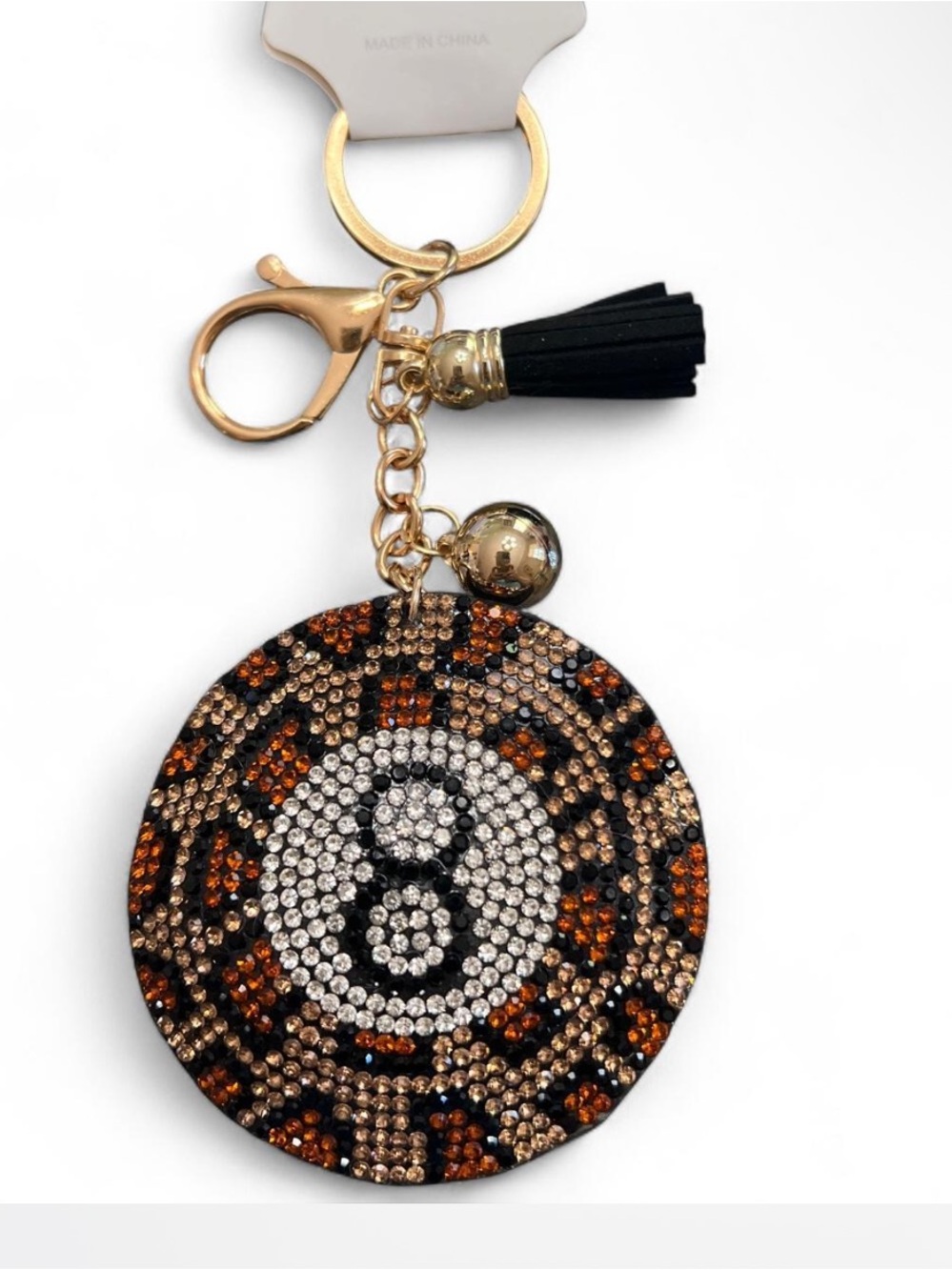 Crystal Beaded '8' Game Ball Keychain Bag Charm in Black & Brown